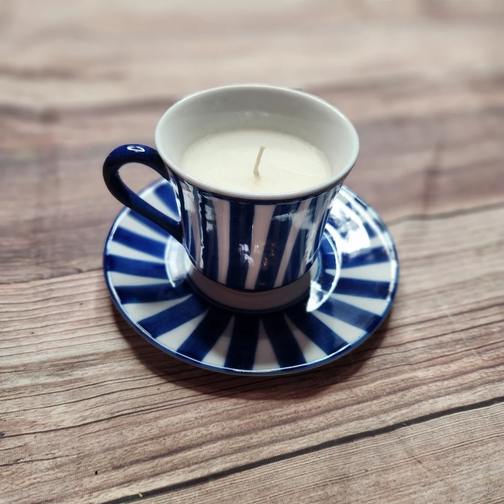 Blue White Striped Teacup Candle Decor
